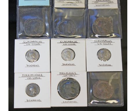 A group of nine ancient Roman coins to include 3 x Elagabalus 218-222 A.D denarius (1 x Libertas, 1 x Fides with eagle + stan