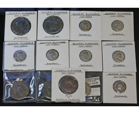 A group of thirteen ancient Roman coins Severus Alexander 222-235 A.D to include 1 x AE 28 of Nicopolis Seleucids: Tyche over