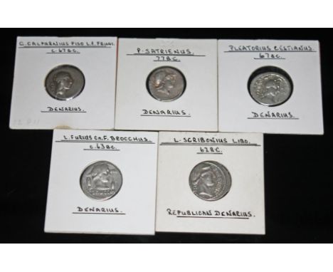 A group of five ancient coins to include 1 x P.Satrienus 77 B.C denarius: Mars: she wolf, 1 x Plaetorius Cestianus 67 B.C den