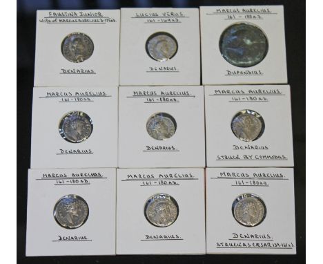 A group of nine ancient Roman coins to include 6 x Marcus Aurelius 161-180 A.D Denarius (2 x Providence, 1 x struck by Commod