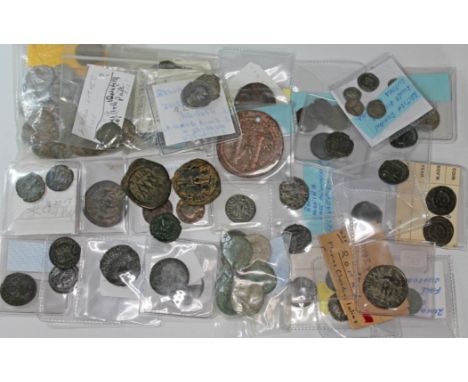 A collection of ancient coins to include 1 x Justinian I 527-565 A.D follis, various Roman silver, various Roman copper, vari