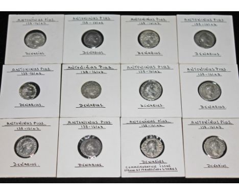 A group of twelve ancient Roman coins Antoninus Pius 138-161 A.D denarius to include 1 x Pax, 1 x Moneta, 1 x Fortuna, 1 x Fe