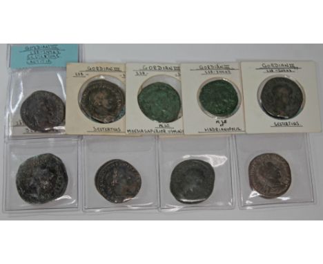 A group of nine ancient Roman coins Gorian III 238-244 A.D to include 1 x AE 25 of Hadrianopolis: naked Heracles? holding arr