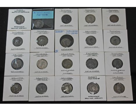 A group of twenty ancient Roman coins to include 2 x Valerian I 253-260 A.D antoninianus (1 x of Cologne: Sol with whip, 1 x 