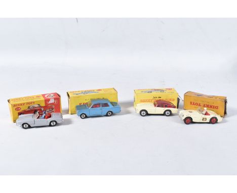 FOUR BOXED DINKY TOY CAR MODELS, Austin Healey 100 Sport, No.109, cream body, red interior and hubs, white painted driver, RN