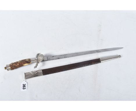 GERMAN HIRCHFANGER/HUNTING DAGGER WITH LEATHER SCABBARD, the dagger has a stag horn handle which is polished and decorated wi