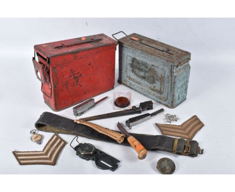 TWO AMMUNITION BOXES AND A QUANTITY OF ASSORTED ITEMS, to include a belt, three compasses, a rifle bayonet, uniform rank stri