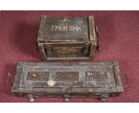 TWO AMMUNITION BOXES, the square one was used to carry eighteen bombs and two mortars, this is SMK MK2 and is wooden with rop