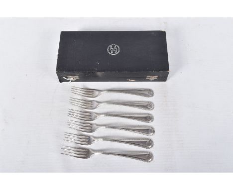 A CASED SET OF SIX SS WHITE METAL DINNER FORKS, bead pattern to the front and back with a engraved with a SS runes within wre
