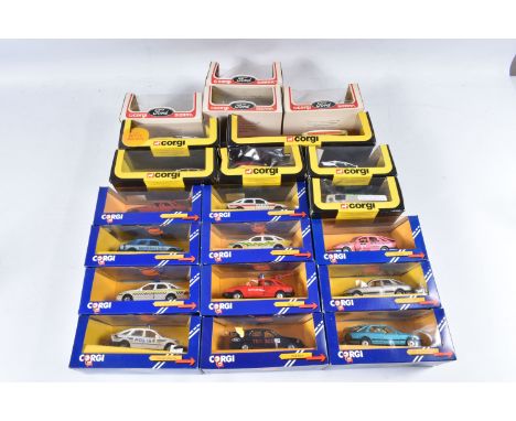 A QUANTITY OF BOXED CORGI TOYS FORD SIERRA CAR MODELS, to include various British and European Police car models, Rally cars,