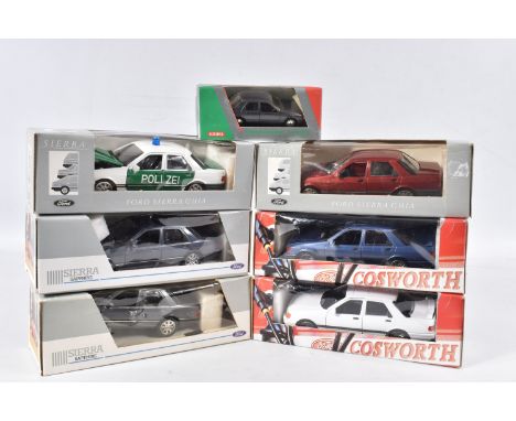 SEVEN BOXED SCHABAK FORD SIERRA CAR MODELS, six are 1/25 scale, the other 1/43 scale, assorted types of Sierra, all appear in