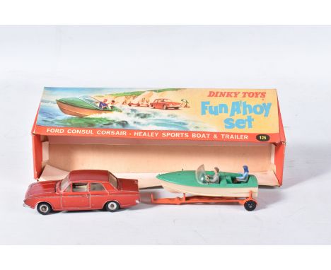 A BOXED DINKY TOYS FUN A'HOY GIFT SET, No.125, Ford Consul, No.130 in metallic wine red, with some paint loss and wear, mainl