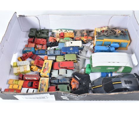 A QUANTITY OF UNBOXED AND ASSORTED PLAYWORN DIECAST AND PLASTIC VEHICLES, to include Dinky Toys repainted Lincoln Zephyr Coup