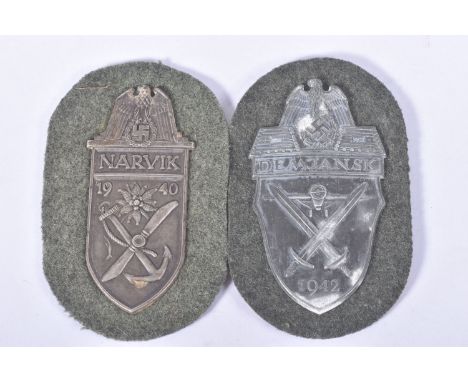 A WWII ERA DEMJANSK SHIELD AND A 1940 NARVIK SHIELD, both are attached to a similar green coloured cloth with a paper type ba