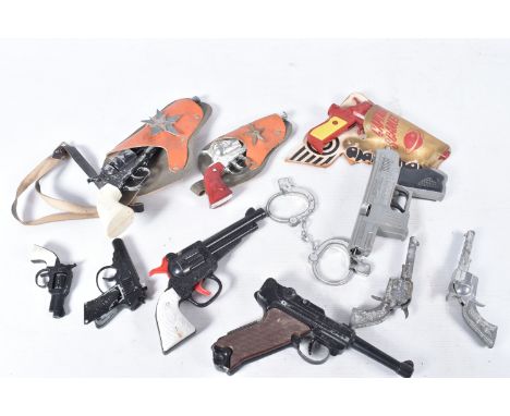 A DIECAST LONE STAR CAPTAIN SCARLET CAP GUN AND HOLSTER, with a collection of other diecast and plastic cap guns including Lo