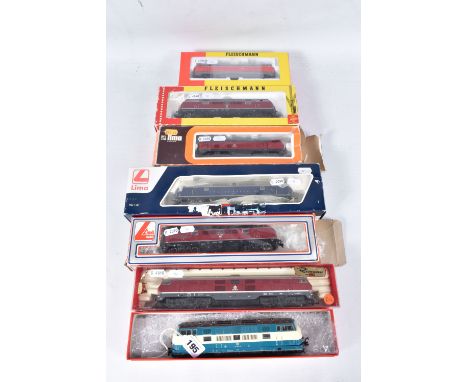 SEVEN BOXED HO GAUGE D.B. DIESEL LOCOMOTIVES, Fleischmann Class 218 (4236),Class 221 (x 3) (4235), Hornby Lima Class V300 Kra
