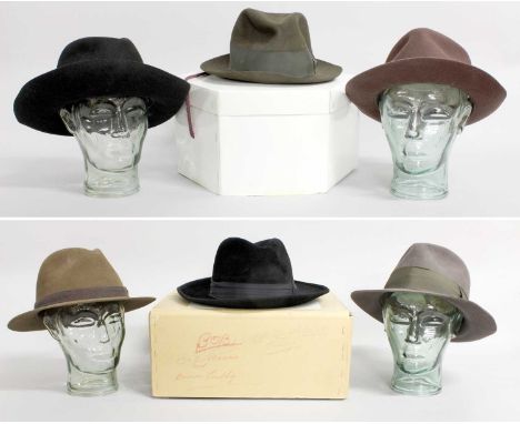 Gents Hats comprising a Herbert Johnson black felt hat, another in grey,a Borsolino black felt hat,a Howard Hughes Replica Go