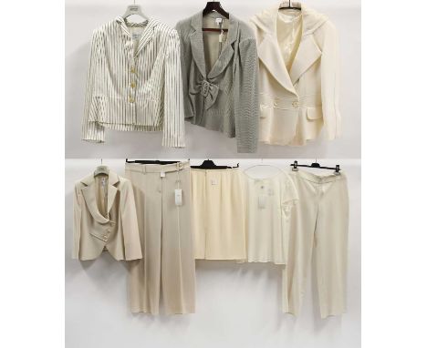 Armani Collezioni Clothing, comprising a cream wool jacket with long sleeves, double breasted buttons, wide collar and gather