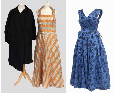 Circa 1950s and Later Evening Wear, comprising a Frank Usher full length blue and black floral brocade evening dress with ful