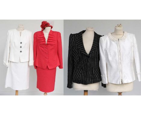 Armani Collezioni Clothing comprising a red silk stylish suit in a woven design with straight skirt, pleats to the reverse, l