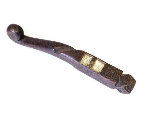 A 19th Century Oak Knitting Stick, with two glass apertures containing handwritten notes 'may everything you take in hands pr