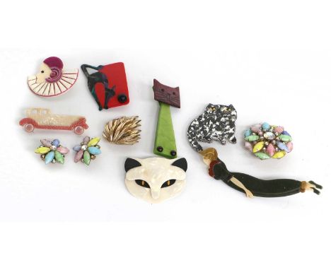 A Quantity of Costume Jewellery, comprising of five Lea Stein brooches, two depicting cats, one depicting a car, and two depi