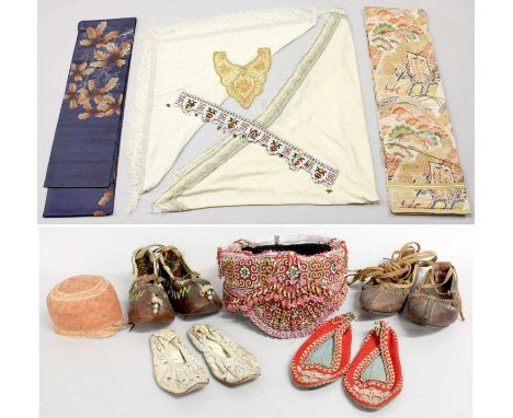 Early Eastern European and Ottoman Costume Accessories comprising a woven head piece with multi pleated semi circular mount t
