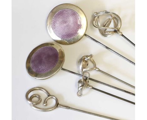 Assorted Early 20th Century Charles Horner Silver Hat Pins, comprising a pair of purple enamel and silver circular disc hinge