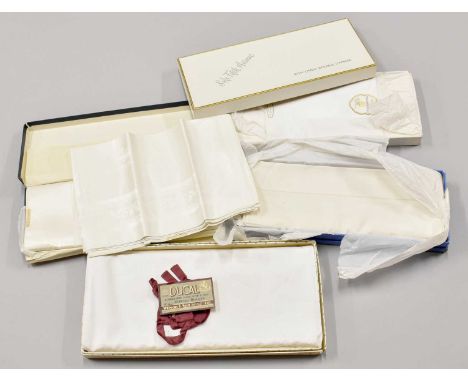 White Linen Table and Bed Sets in Original Boxes, comprising a Saks Fifth Avenue white linen damask table cloth 183cm by 230c