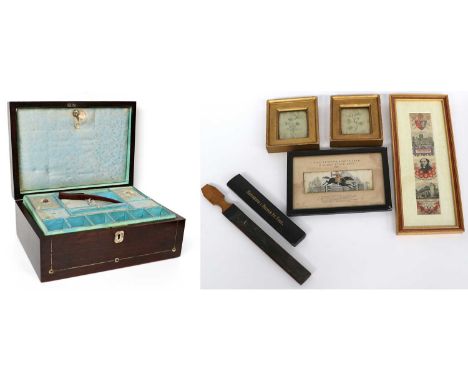 Assorted Needlework Accessories and Other Items, comprising a rosewood hinged sewing box with a blue silk and papered interio