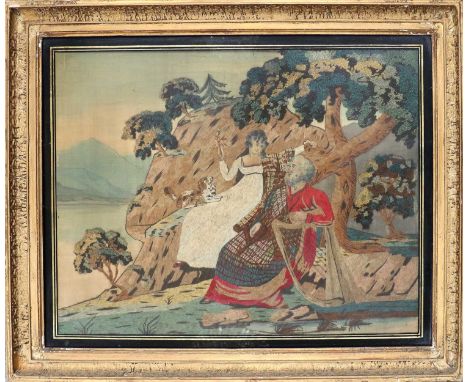 19th Century Silk and Wool Embroidered Picture, depicting a gent with a harp seated on a rocky incline, with a young maiden a