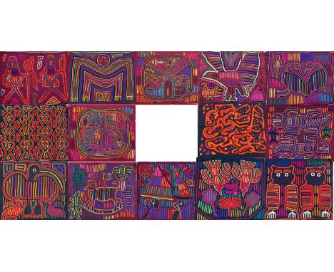 Collection of 20th Century Molas from San Blas Islands, Panama comprising fifteen reverse appliqué and embroidered cotton dec