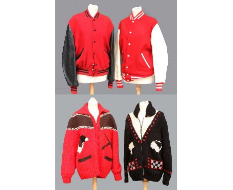 Gents American Circa 1950s and Later Casual Clothing comprising Delong Sportwear red wool and black leather jacket, with pres