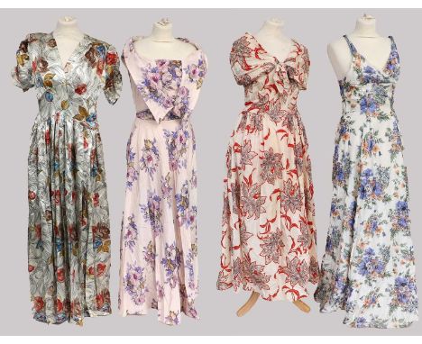 Circa 1930s and Later Long Evening Dresses, comprising a floral satin short sleeve dress with shaped neckline, zig zag shaped