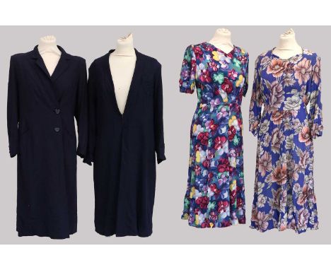 Early 20th Century Dresses and Coats, comprising a floral short sleeved day dress, with a scalloped neckline and waist, blue 