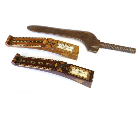 A Matched Pair of Inlaid Knitting Sticks/Sheaths, each with rectangular apertures showing hand written labels 'Betsey Atkinso