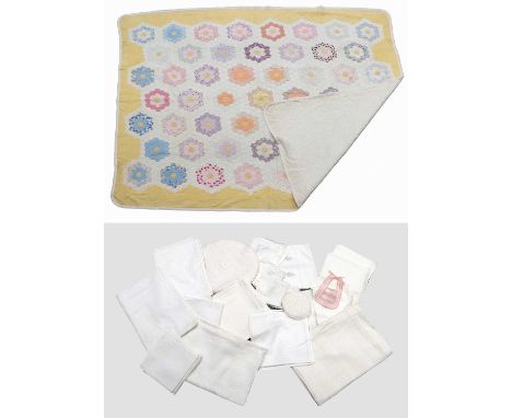 20th Century Cotton Patchwork Quilt, comprising double petalled flower heads made up from hexagonal printed cotton patches, o