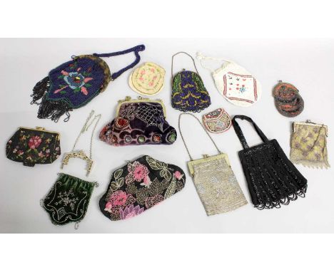 Assorted 1920-30s Beaded and Embroidered Evening Purses, comprising a pierced and floral silver/silver gilt mount, impressed 