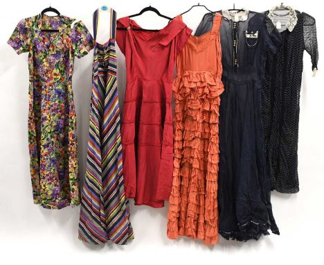 Circa 1930s Dresses, comprising a long floral printed short sleeeved taffeta dress with sweetheart neckline,chevron striped h