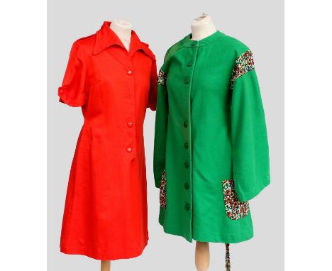 Circa 1960s Mary Quant's Ginger Group Green Wool Dress with buttons to the front, long sleeves, round neck with multi coloure