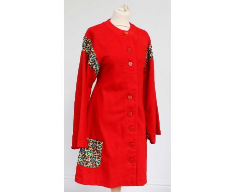 Circa 1960s Mary Quant's Ginger Group Red Wool Dress with buttons to the front, long sleeves, round neck with multi coloured 
