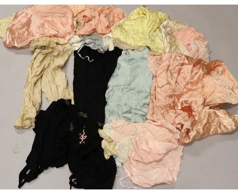 Assorted Circa 1930s and Later Lingerie and Nightwear, comprising a peach satin full length day robe with long sleeves, patch