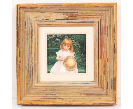 ARR Mary E Carter (born 1947)The Garden Seatportrait of a girl holding a straw hatsigned and dated lower right 2000oil on boa