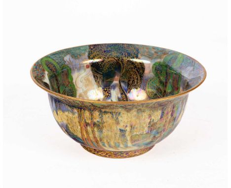 A Wedgwood Fairyland lustre K'ang Hsi bowl, decorated with the Woodland Bridge and Garden of Paradise patterns, printed Portl