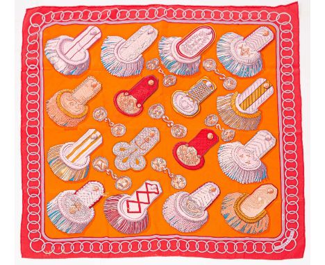 A Hermès silk scarf 'Les Epaulettes', approximately 65cm x 66cmSome small dirt marks and water mark to centre