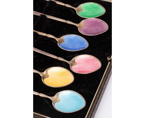 A cased set of six silver and enamel teaspoons Turner &amp; Simpson, Birmingham 1957, multi-coloured, in a fitted box, approx