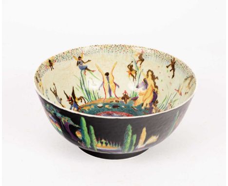 A Wedgwood Fairyland Imperial bowl, decorated with the Poplar Trees and Elves and Bell Branch patterns, designed by Daisy Mak