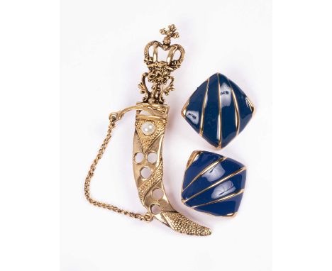A yellow metal and simulated pearl mounted dagger-shaped brooch and a pair of blue enamel and yellow metal cushion-shaped ear