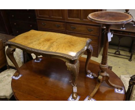 A brass mounted walnut tripod wine table and a Queen Anne style walnut low table, tripod table diameter 34cm height 75cm