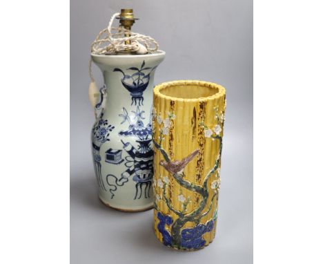 A Chinese blue and white converted lamp, together with a yellow ground cylindrical vase, tallest 33cmCONDITION: Chinese blue 